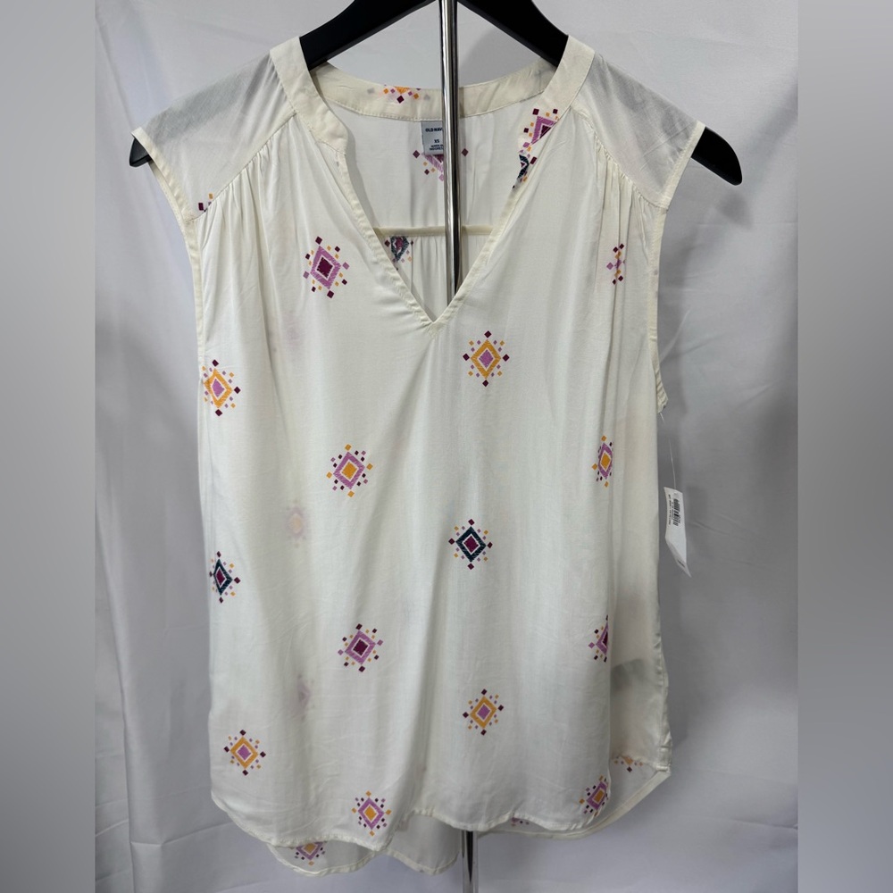 New Old Navy Cream Blouse with Colorful Embroidery Sleeveless XS